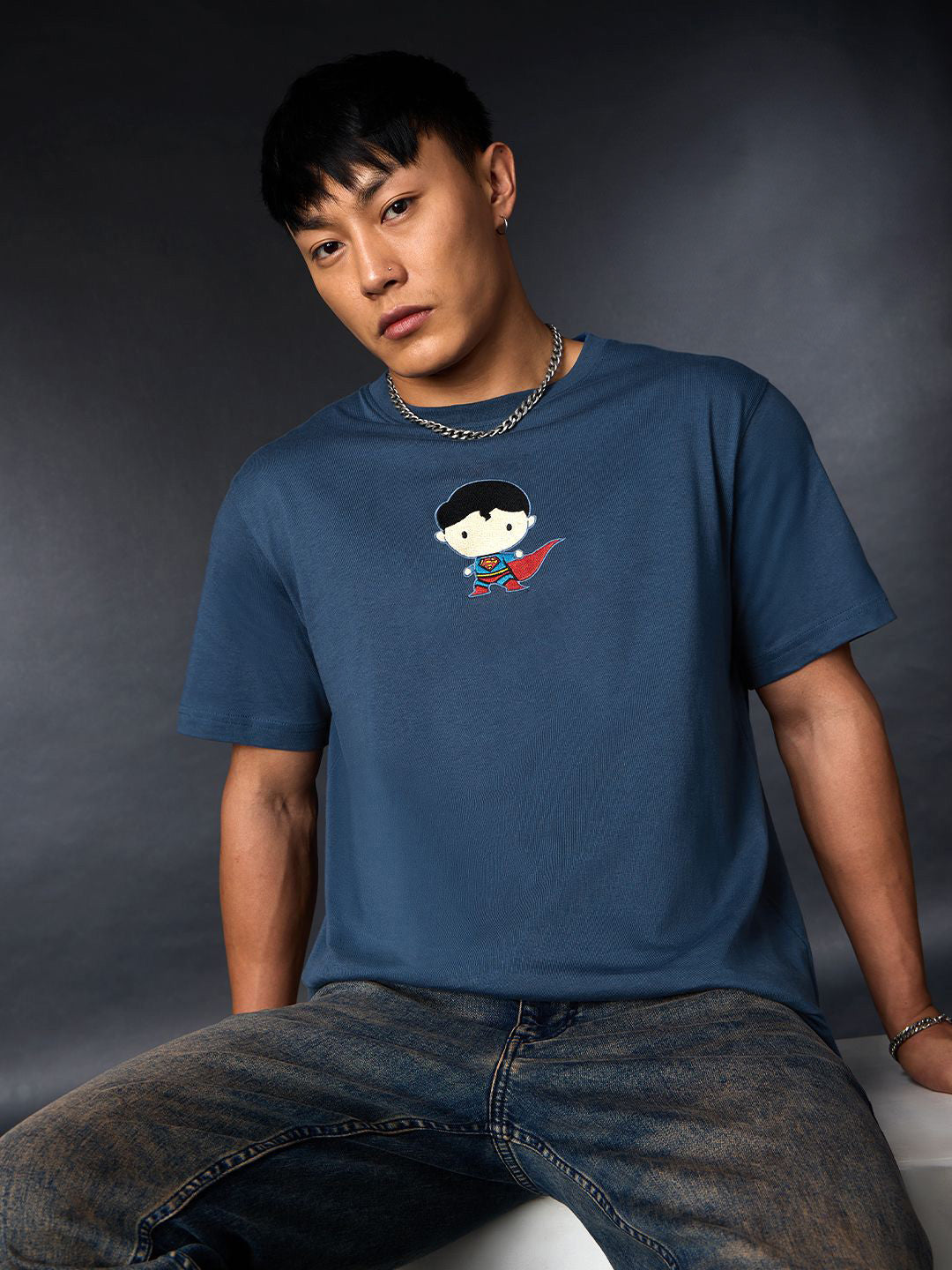 Men Superman Navy Blue Printed Cotton Regular Fit T-Shirts